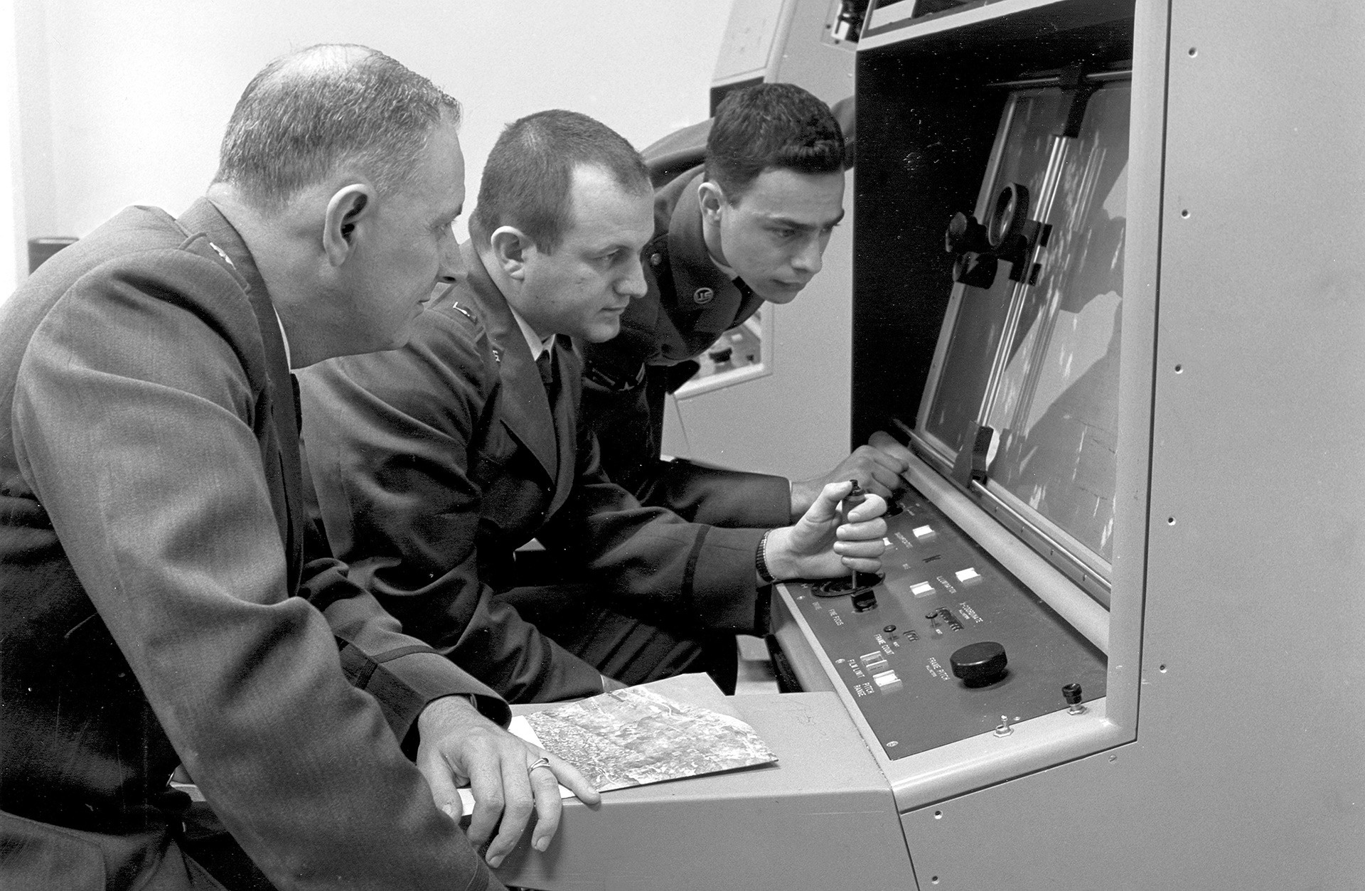 Strategic Air Command personnel interpreting reconnaissance photo during the Cuban Missile Crisis, 1962. 