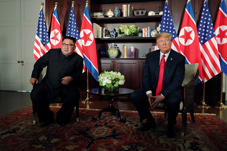 U.S. President Donald Trump and North Korea's leader Kim Jong-un meet in Singapore, June 12, 2018.