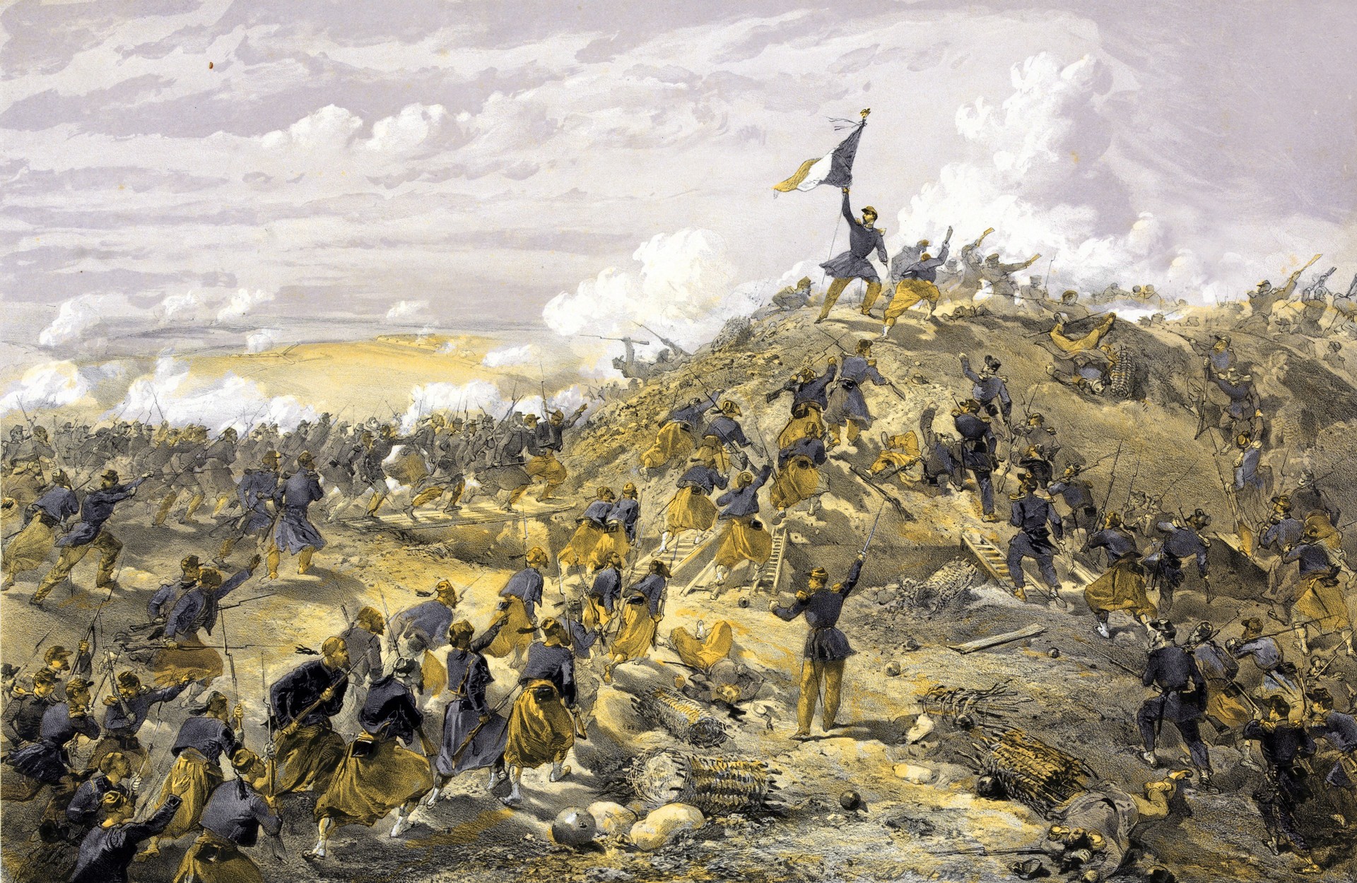 Francoski napad na rusko utrdbo Malakof pred Sevastopolom. V ospredju francoski borci zuavi iz severne Afrike.