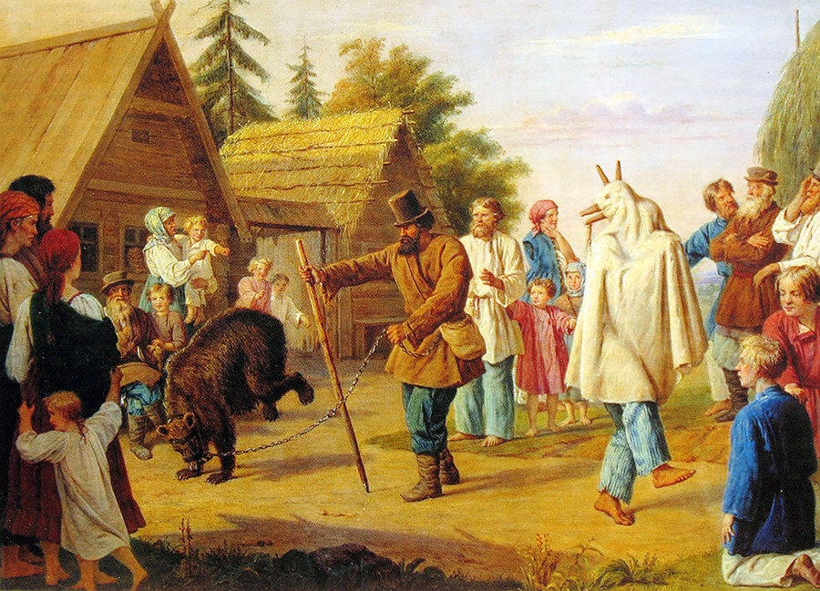 The skomorokhs in a country village