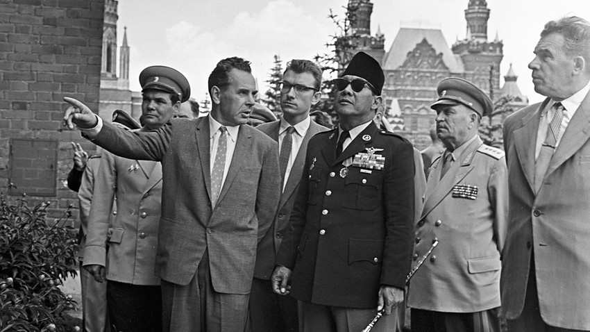 President of Indonesia Dr. Ahmed Sukarno inspecting the Moscow Kremlin.