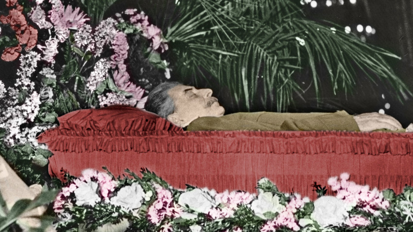 Joseph Stalin (as a mummy) lying in a coffin, 1953.
