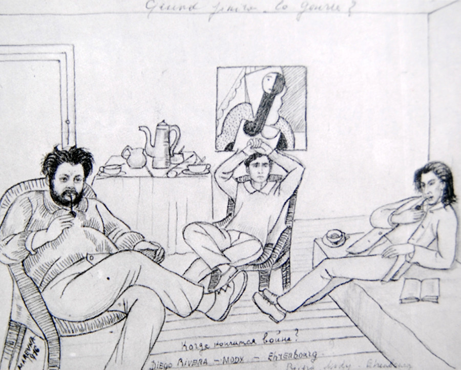 Diego Rivera, Modigliani and Ehrenburg (from left to right) in the atelier of Diego Rivera in Rue du Départ, Paris in 1916.