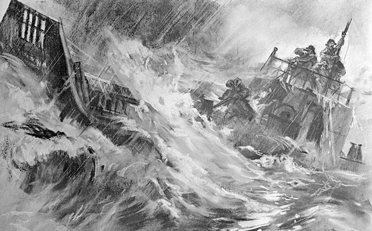 Reprodukcija risbe Na nevihtnem oceanu Gorpenka in Denisova iz albuma posvečenega štirim sovjetskim mornarjem