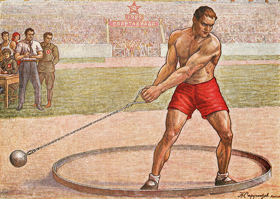 Kopie eines Gemäldes, das den Hammerwurf der Spartakiade 1928 zeigt