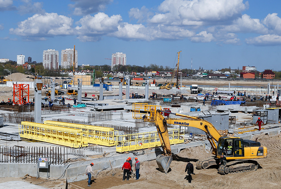 The construction site of Kaliningrad Stadium, a venue for 2018 FIFA World Cup matches, Oktyabrsky Island