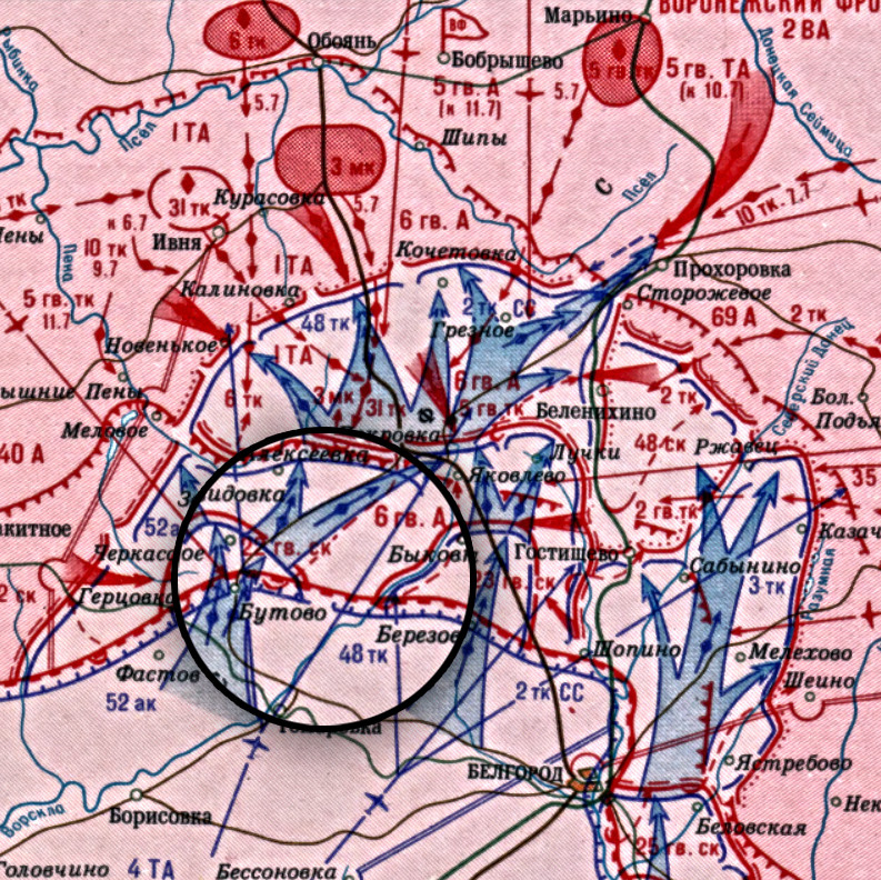 Карта борбених дејстава 48.оклопног корпуса 6.јула 1943.године