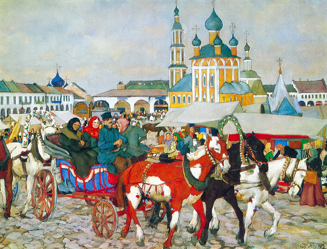 Troika puxada por cavalos em Uglitch, Konstantin Ioun, 1913