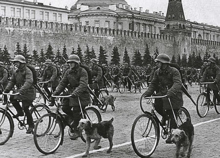 Vojni kinolozi na biciklima. Parada na Crvenom trgu, Moskva.
