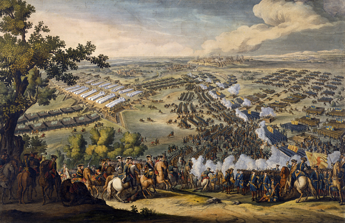 27 июня (8 июля) 1709 года произошло генеральное сражение Северной войны 1700-21 годов - Полтавская битва. Гравюра Ф. Симона 