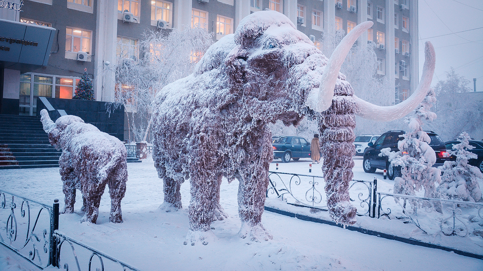 A sculpture of mammoth outside the district administration building in Yakutsk. January 2018.