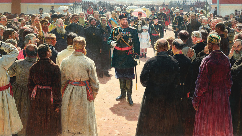 Александар III прима старешине сеоског округа у дворишту Петровског дворца у Москви.