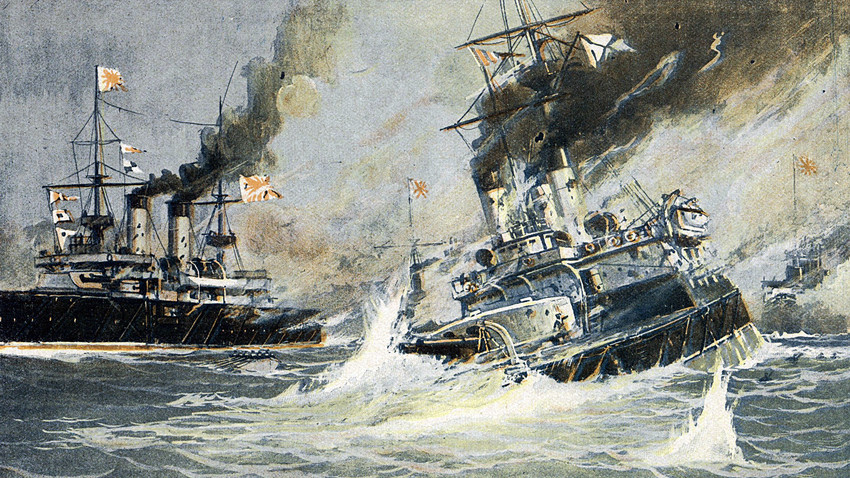 ロシアの軍艦「ナヴァリン」の沈没。2日間続いた 1905年5月27-28日の戦いの時、ロシア海軍の大部分が日本軍によって破壊され、捕虜にされた。
