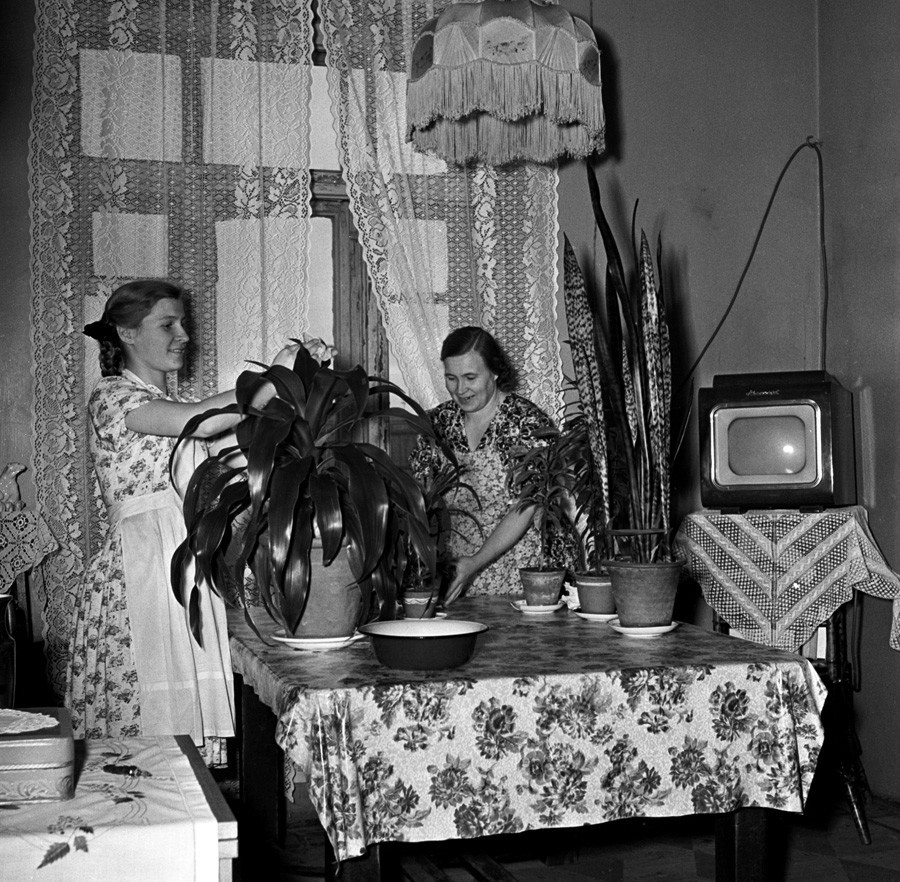 Ученичката в 10-ти клас Татяна Круглова помага на майка си в домакинска работа, 1955 година