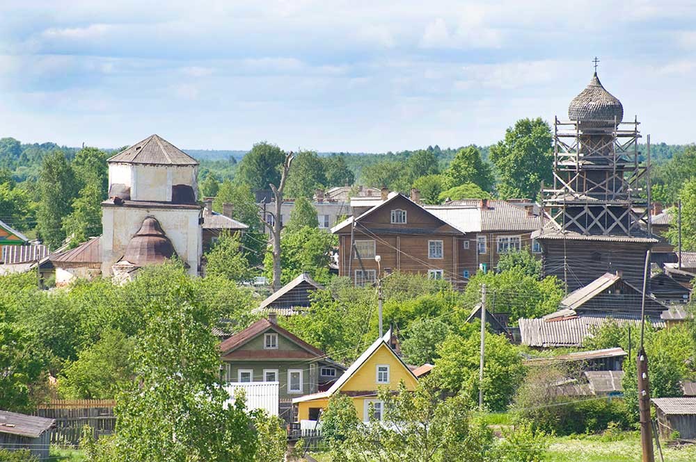 View west from Belozersk rampart. Left: Church of the Intercession. Right: Church of the Prophet Elijah under temporary restoration. June 9, 2010. 