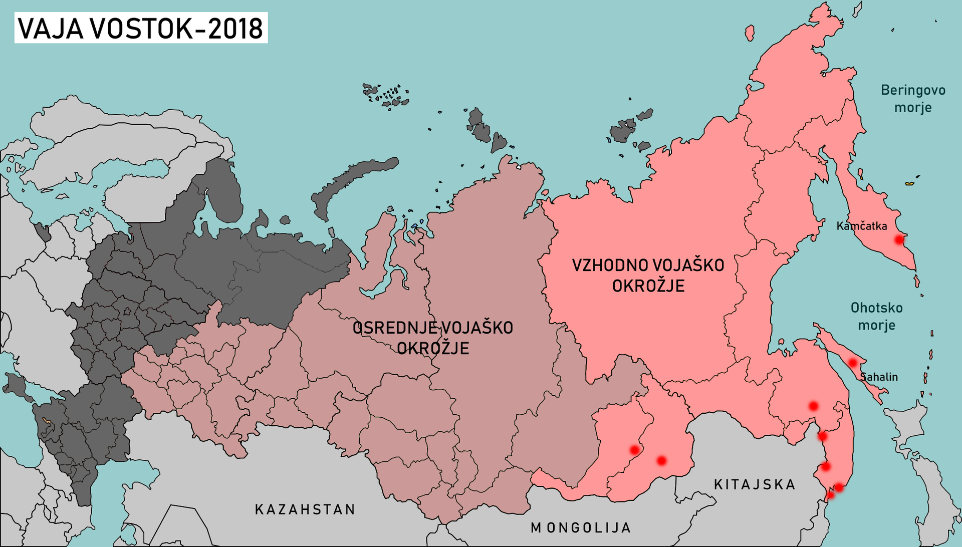 Približne lokacije poligonov, kjer se bodo izvajali manevri Vostok-2018