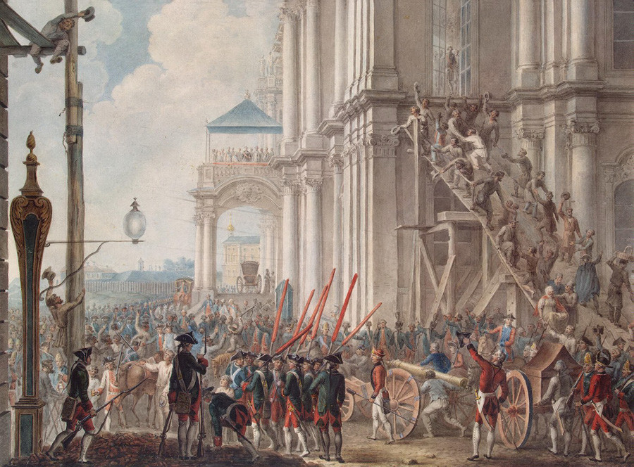 Ekaterina di balkon Istana Musim Dingin menyambut pasukan Garda dan rakyatnya pada hari kudeta oleh Joachim Kästner.
