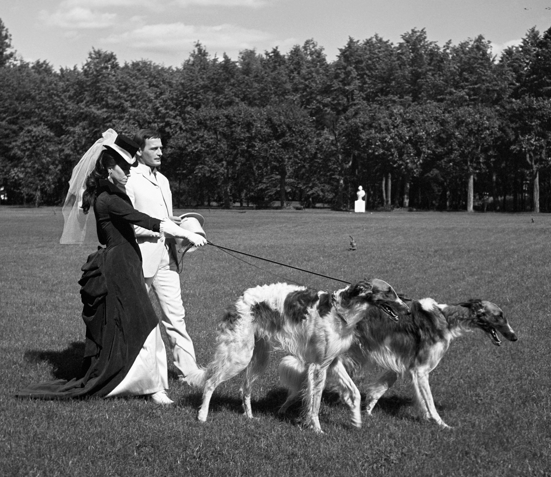 Two Russian borzoi dogs with their owners
