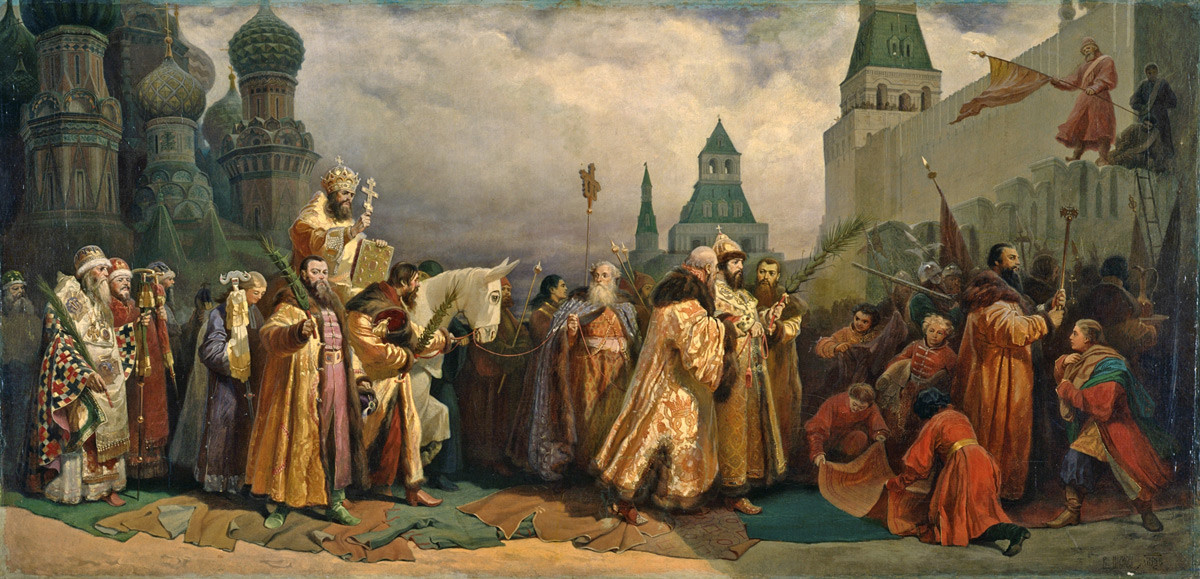 „Празник Цвети у Москви за време цар Алексеја Михаиловича. Патријарх јаше на магарету“.