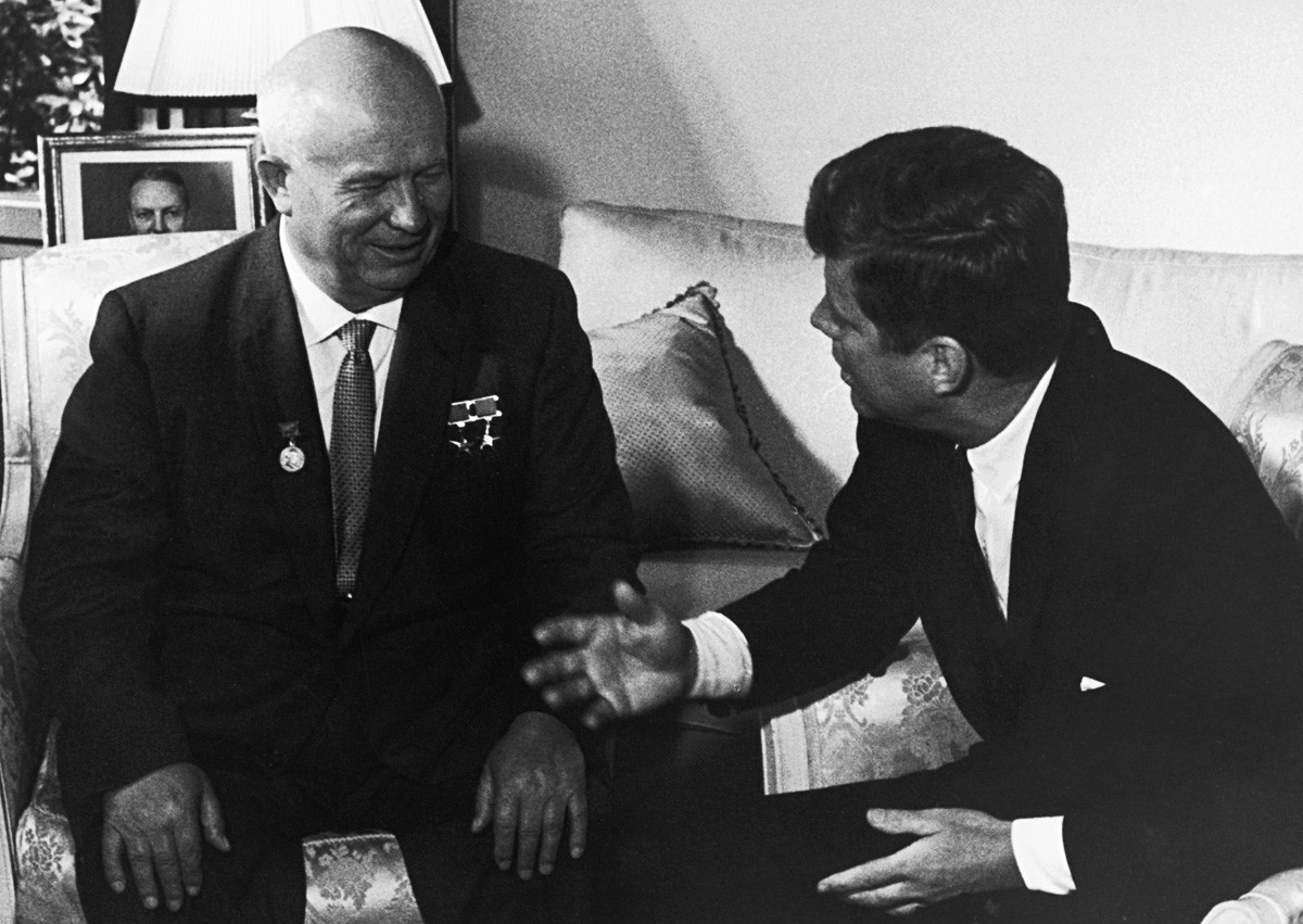 Soviet leader Nikita Khrushchev with U.S. President John F. Kennedy at the U.S. Embassy during their summit meeting in Vienna, June 2, 1961