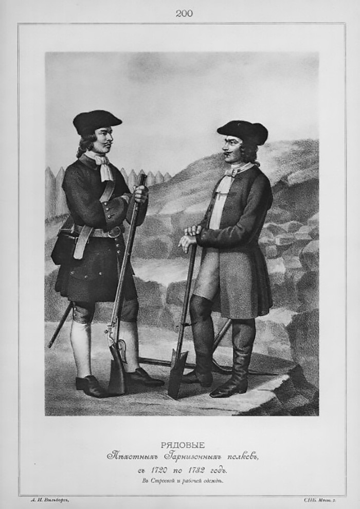 Soldados de regimientos de infantería, 1720-1732.