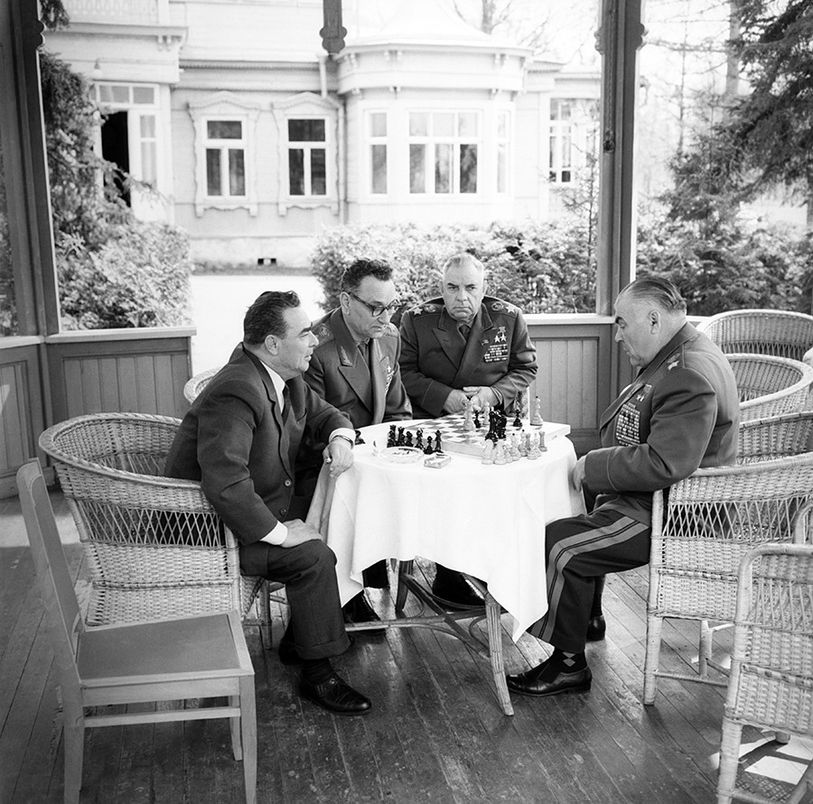 General Secretary of the Central Committee of the Communist Party of the Soviet Union Leonid Brezhnev, Marshals of the Soviet Union Andrei (Andrey) Grechko, Nikolai Krylow, Rodion Malinovsky (L-R) play chess in Zavidovo residence