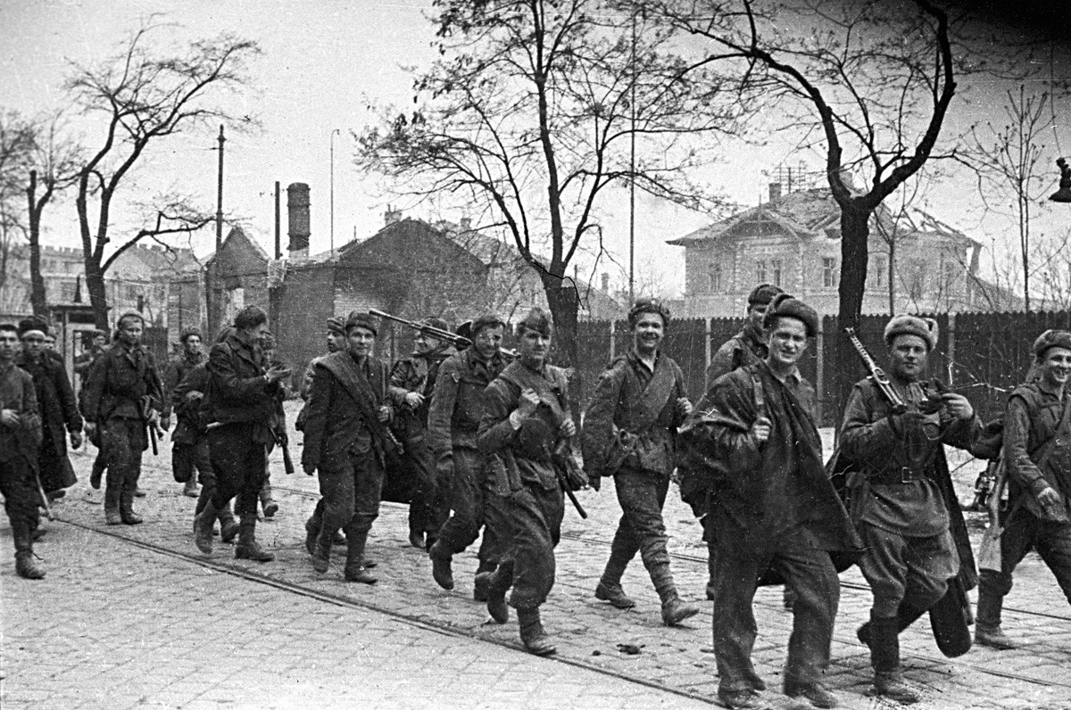 Russian troops march through the streets of Vienna soon after the fighting for the city was over