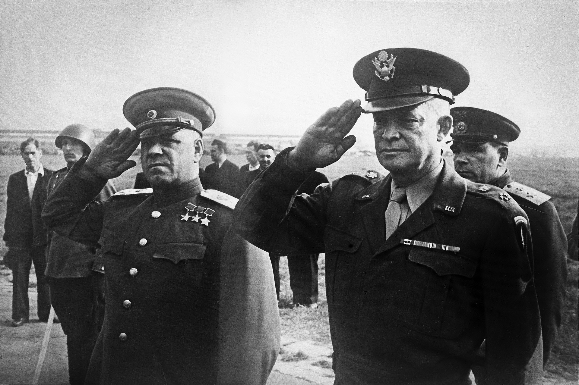 Marshal Georgy Konstaninovich and General Dwight D. Eisenhower at a rendition of the USSR and USA national anthems during Eisenhower's Moscow visit