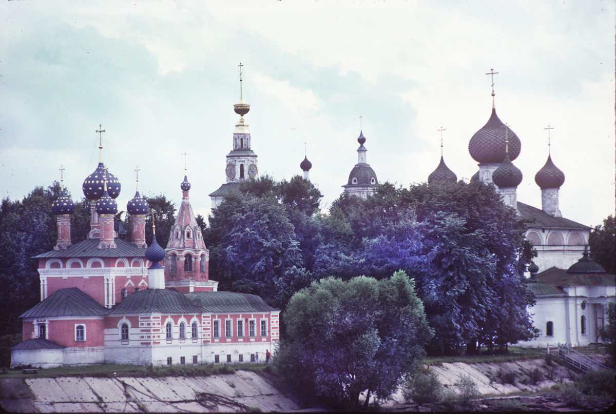 Uglich kremlin ensemble, northeast view from Volga River. From left: Church of Tsarevich Dmitry; Cathedral bell tower; Church of Kazan Icon, Transfiguration August 9, 1991.