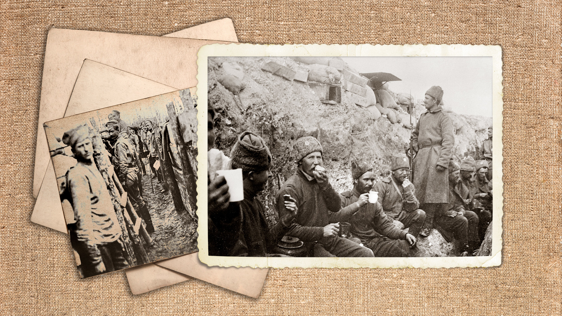 Първата световна война (1914-1918). Войници от руската армия в окопите в прекъсване между сраженията. 30 април 1917 г.