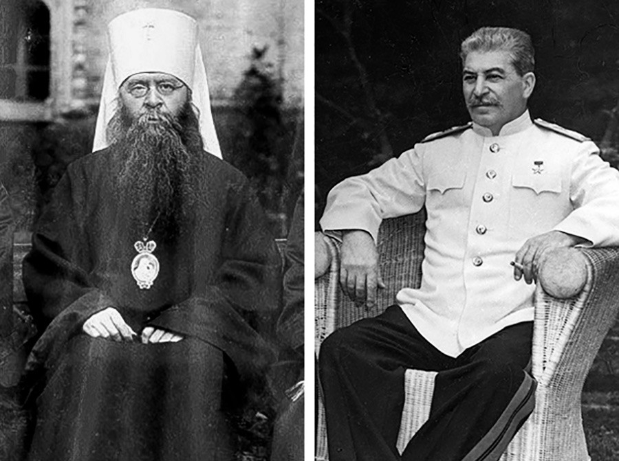 Patriarch Sergius (left) and Joseph Stalin.