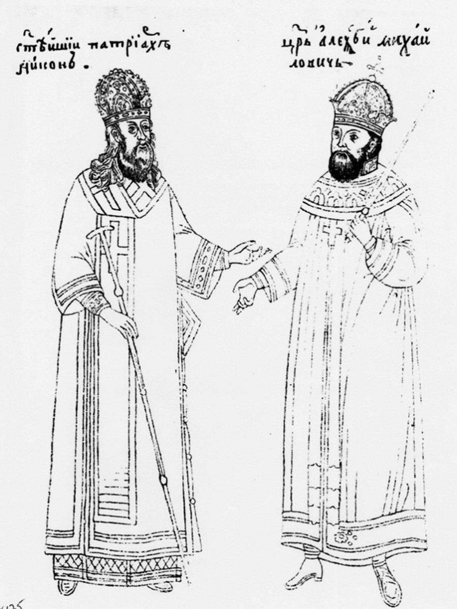 Patriarch Nikon (L) and Tsar Alexis of Russia (R). Miniature from the 17th century