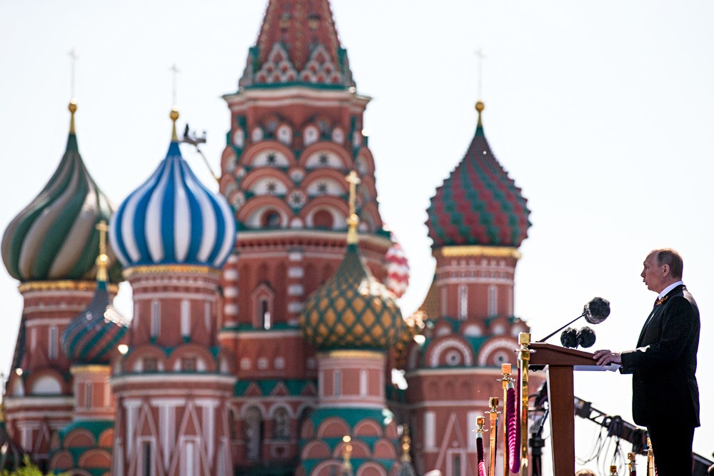Vladimir Putin holding a speech at the Red Square in Moscow.