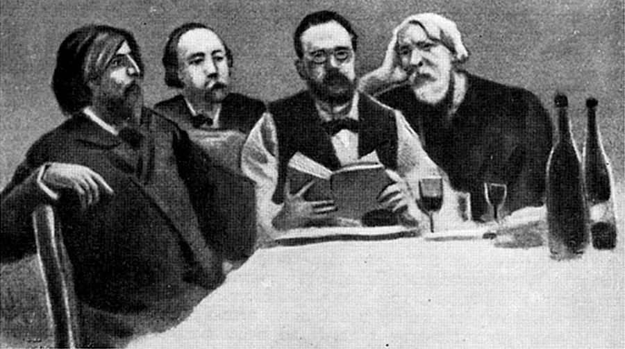 Слева направо: А. Доде, Г. Флобер, Э. Золя, И. С. Тургенев