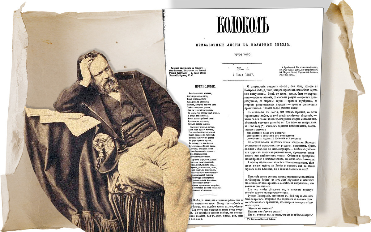 Alexander Herzen dan halaman pertama edisi pertama Kolokol