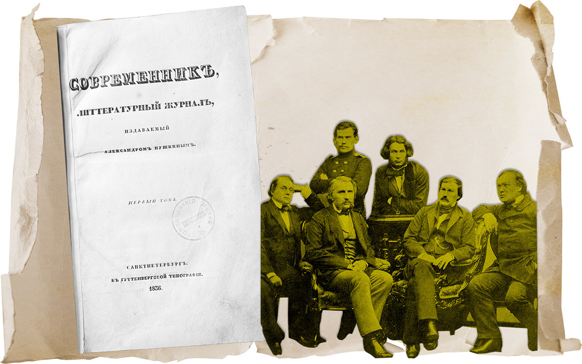 Karyawan dari 'Sovremennik'. Duduk (kiri ke kanan): Ivan Goncharov, Ivan Turgenev, Alexander Druzhinin, Alexander Ostrovsky. Berdiri (kiri ke kanan): Leo Tolstoy dan Dmitry Grigorovich