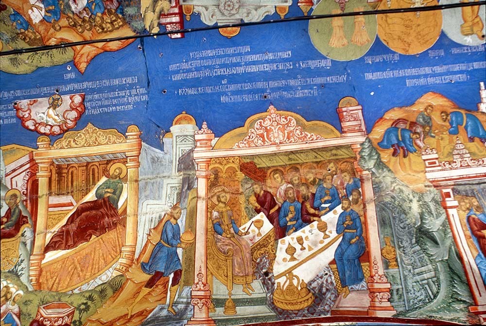 救世主復活大聖堂。北の回廊。「創世記」（ヤコブの息子たち）を描いた天井のフレスコ画。1997年7月25日。