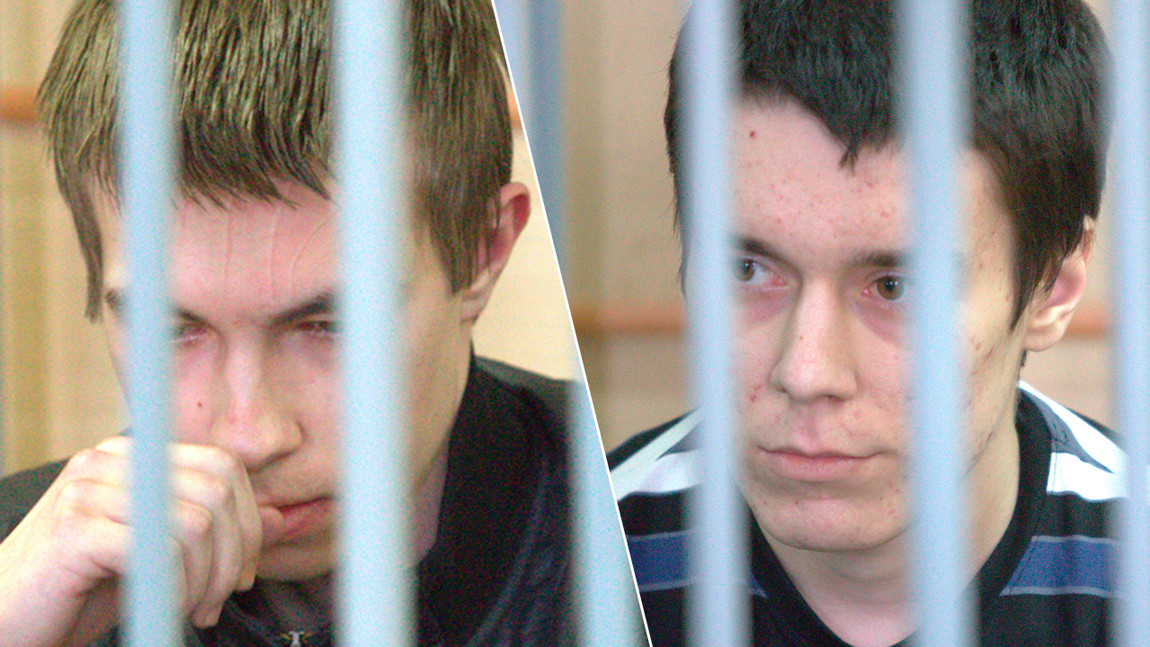 Artyom Anufriyev (L) and Nikita Lytkin (R) listen to their sentences pronounced at Irkutsk Region Court.