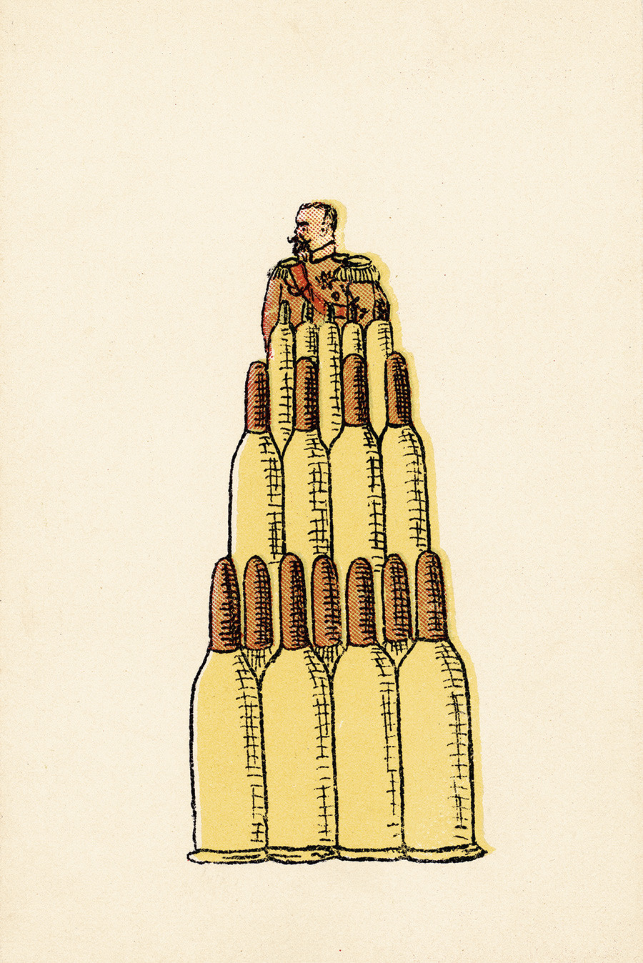 3. Caricatura sin título del jefe de policía Dmitri Trépov encima de una pirámide formada por proyectiles, finales de 1905.
