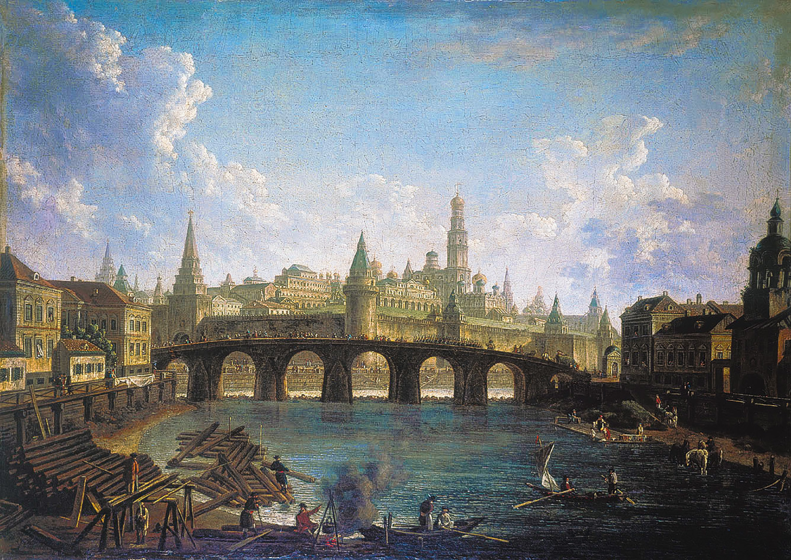 Kremlin e ponte Bolshoi Kámenni por Fiódor Alekseiev (supostamente pintado em 1800)
