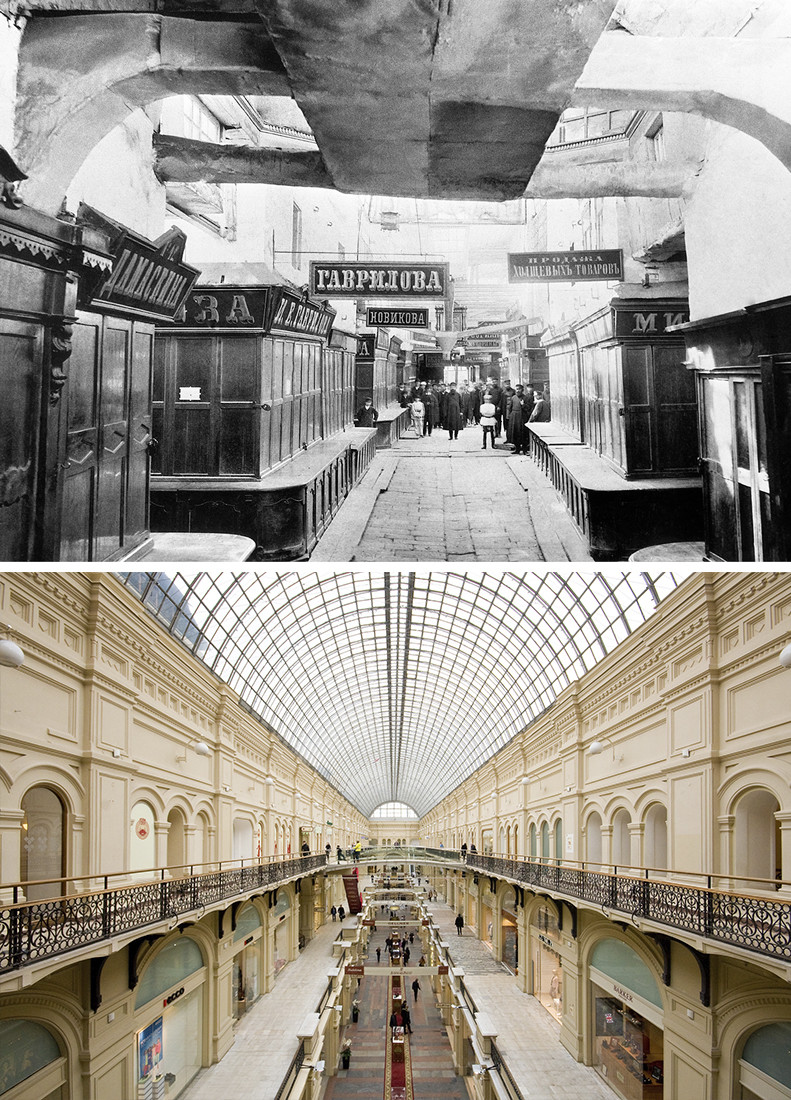 上：上級多層商店街、1886年。現在この場所にはグムがある。チェーホフの家博物館のコレクションにある写真の複写。
下：現在のグム。