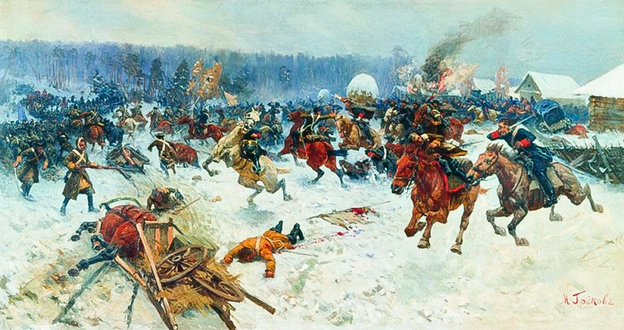 Ruski draguni napadaju Šveđane kraj sela Erastfer 29. prosinca 1701.


