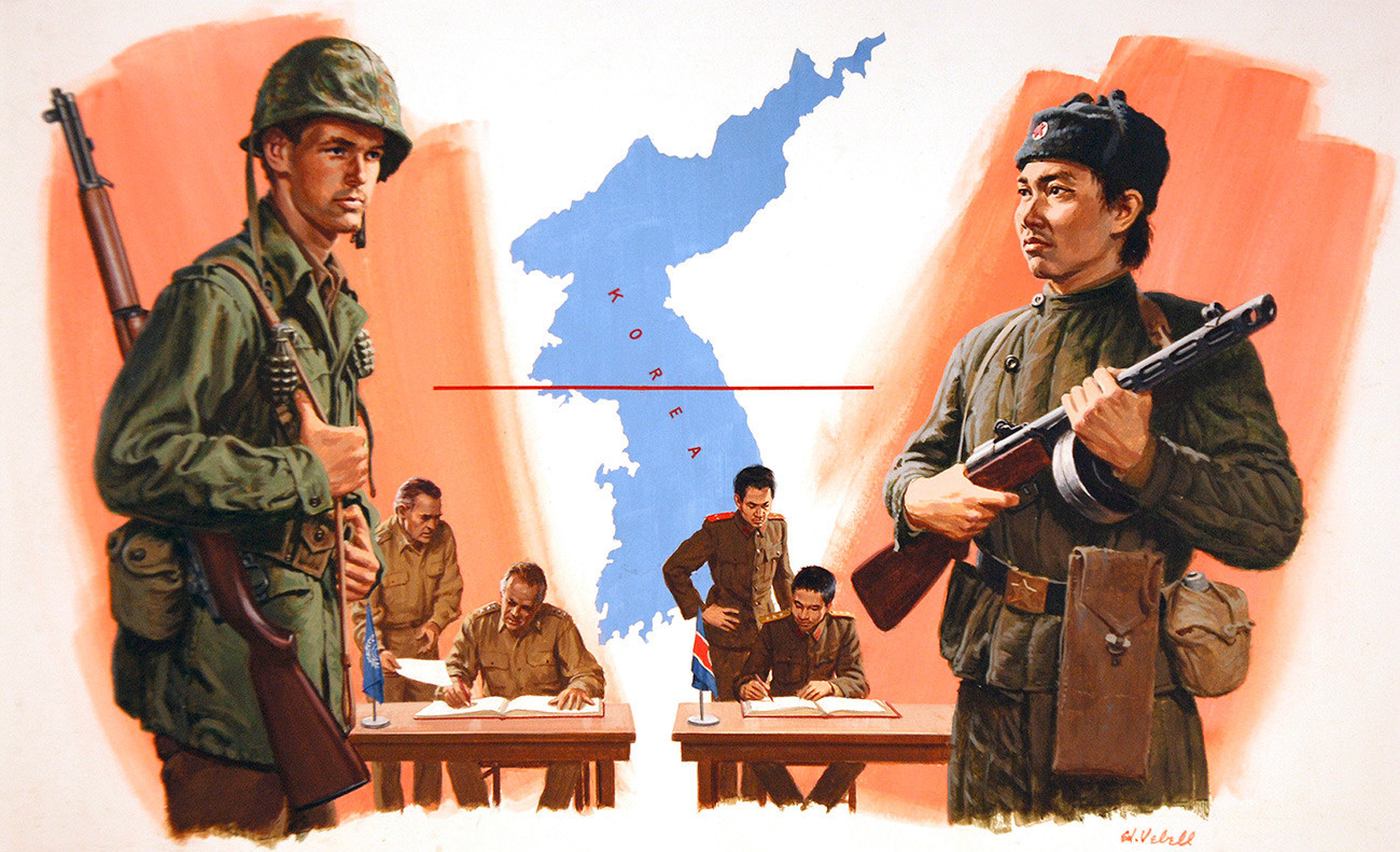 Pintura de soldados dos EUA, da ONU e da Coreia do Norte negociadores de armistício em 1953.