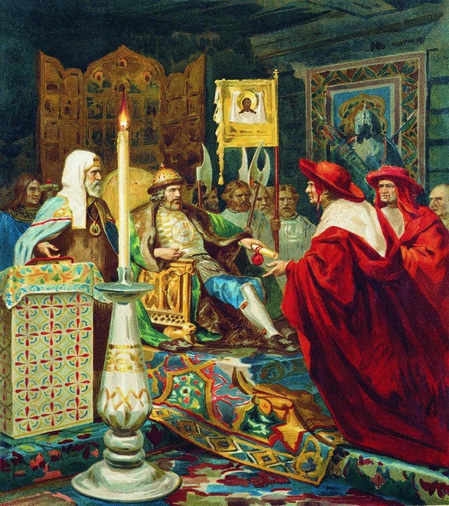 Кнез Александар Невски дочекује посланике из Ватикана (Хенрих Семирацки, 1876)