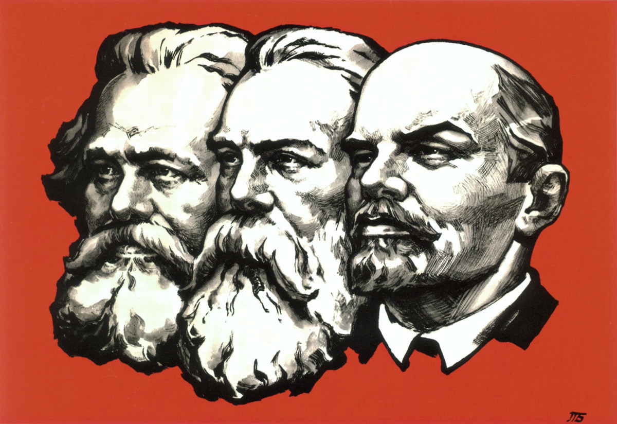 Карл Маркс, Фридрих Енгелс и Владимир Ленин, съветски плакат