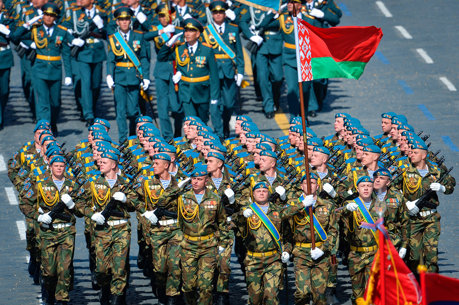 Belarusian soldiers during the rehearsal of the joint military parade on the Red Square dedicated to the Victory Day commemoration.