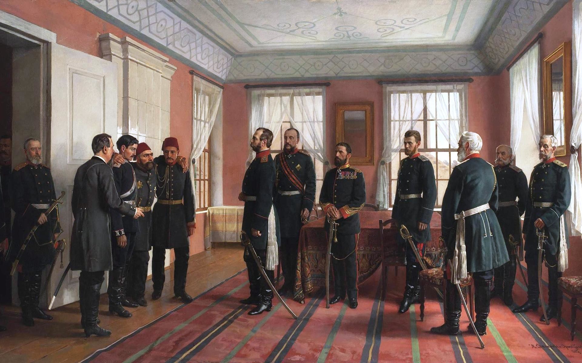 Der gefangene Osman Pascha, der die türkischen Truppen in Plewen befehligte, wird dem russischen Zaren Alexander II. vorgeführt.