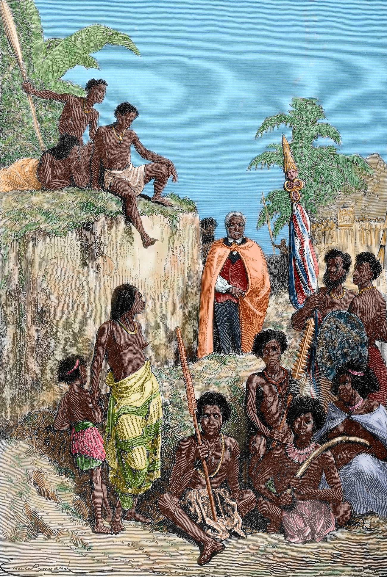 Король Гавайских островов Камеамеа I (1758-1819) и его воины, 1819 год. Гравюра Э. Баярда / The Illustrated World, 1880.