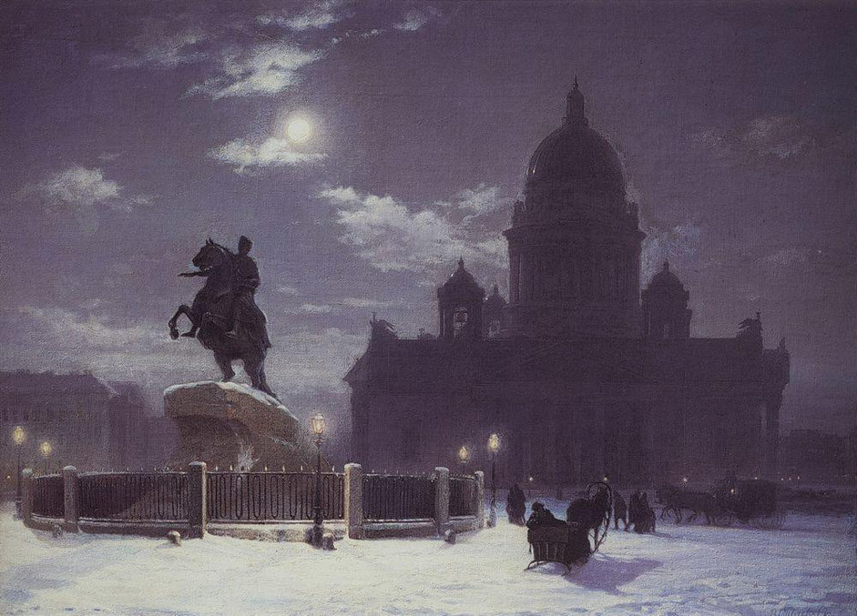 “Vista do monumento de Pedro, o Grande, na Praça Senatskaia, São Petersburgo”, 1870