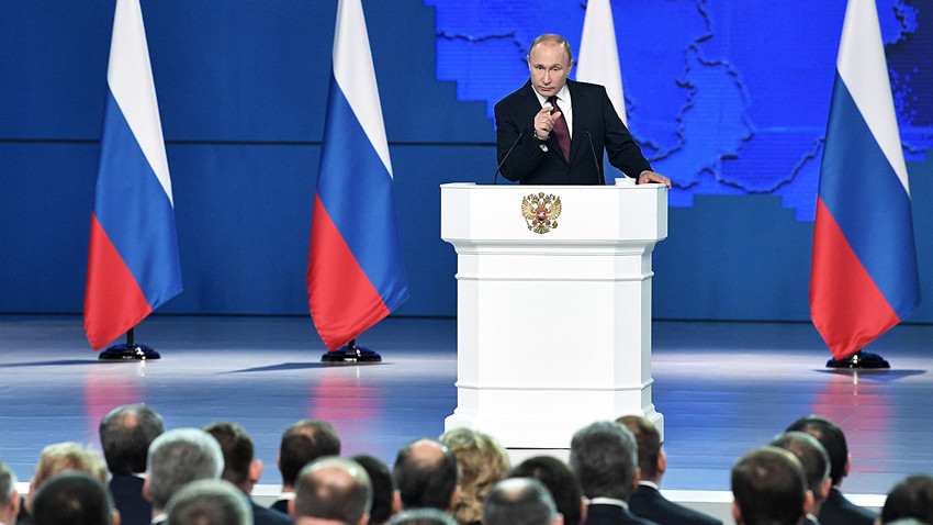 Russian President Vladimir Putin addresses the Federal Assembly, including the State Duma parliamentarians, members of the Federation Council, regional governors and other high-ranking officials, in Moscow, Russia February 20, 2019